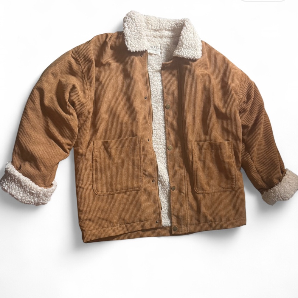 Cozy Tan Corduroy women’s Medium Jacket with Sherpa Lining